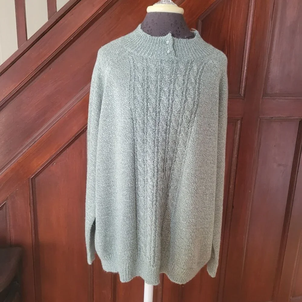 Carolyn Taylor Womens Green Cable Knit Pullover Sweater With Button Accents - Si - Picture 1 of 4